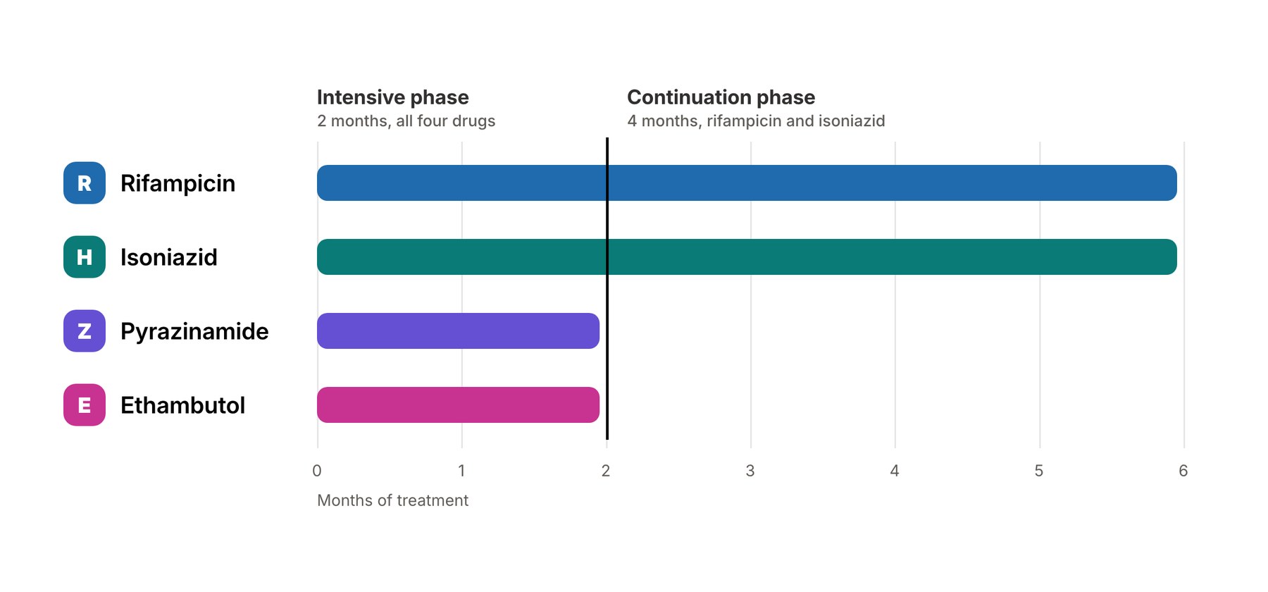 The 2RHZE/4RH regimen as a timeline: rifampicin and isoniazid for all six months, pyrazinamide and ethambutol for the first two