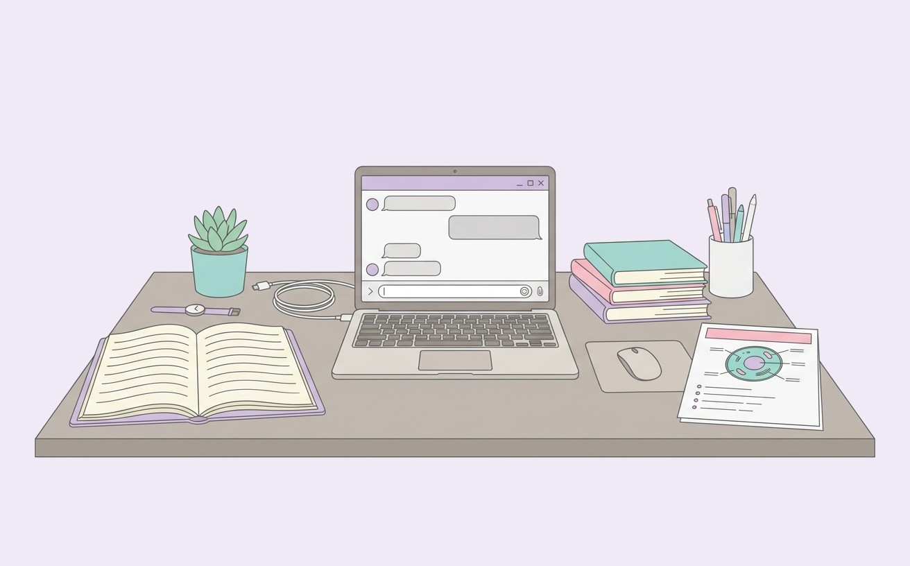 A study desk with a textbook open beside a laptop showing an AI chat