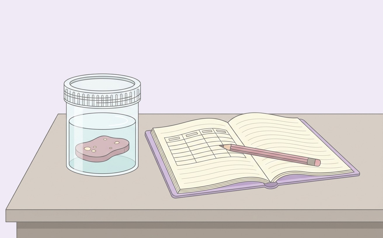 A specimen pot beside a notebook with a hand-drawn table