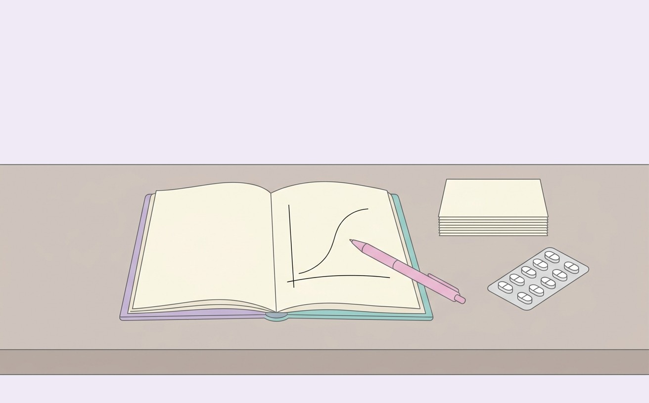 A notebook with a dose-response curve, index cards and a blister pack of tablets