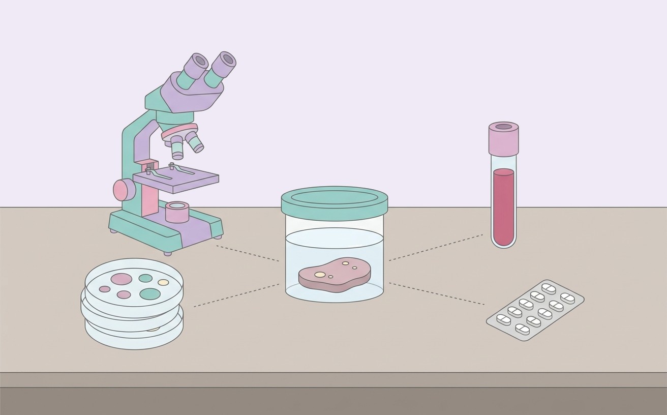 A specimen pot linked by dotted lines to a microscope, culture plates, a blood tube and tablets